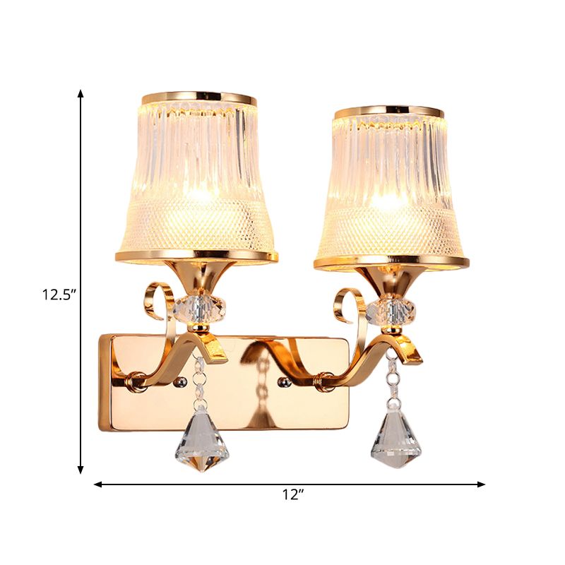 Vintage Style Bell Sconce Light Fixture Clear Glass 2 Lights Bedroom Gold Finish Wall Lamp with Crystal Accent