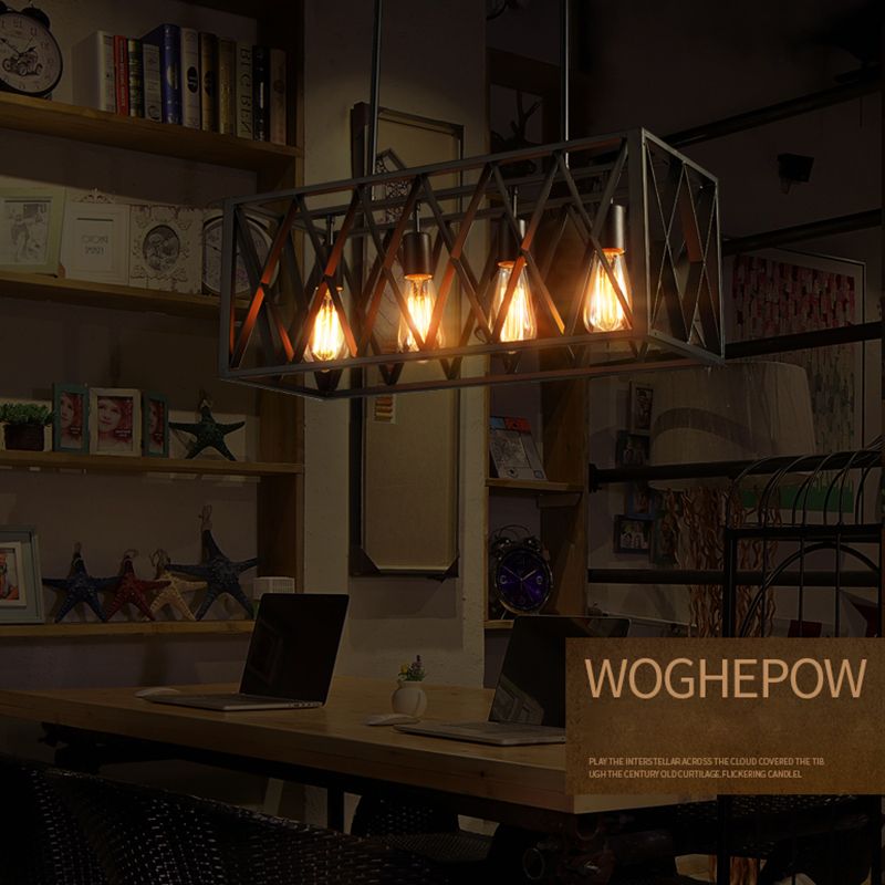 Cuboid Island Chandelier Lights Industrial Kitchen Island Lighting Metal Island Pendants in Black