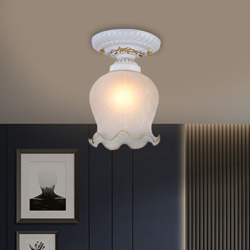 Countryside Scalloped Ceiling Flush 1 Bulb Ribbed Opal Glass Flush Light Fixture in White