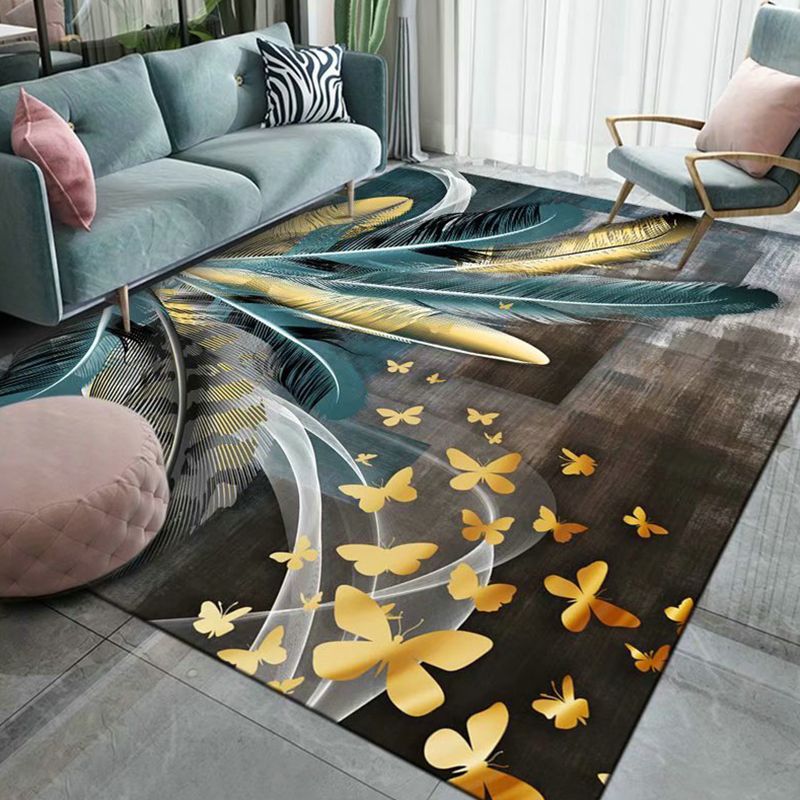 Gold Feather Rug Polyester Novelty Rug Stain Resistant Rug for Living Room