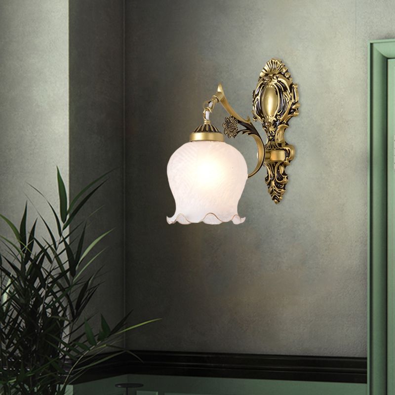 Antiqued Flower Wall Mount Lighting 1/2-Head Opal Glass Wall Lamp Fixture in Bronze for Bedroom