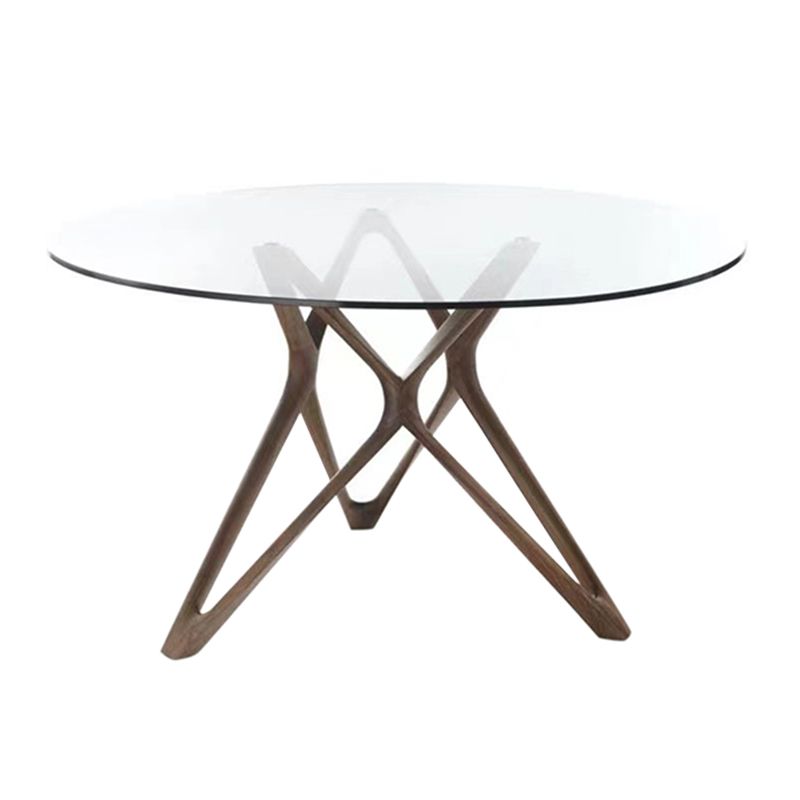 Modern Round Glass Desktop Dining Table Walnut Base for Dining Room