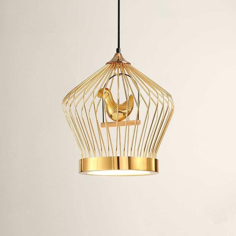 Gold Crown Cage Hanging Lighting Simple 1-Light Metal Ceiling Pendant Lamp with Bird Deco