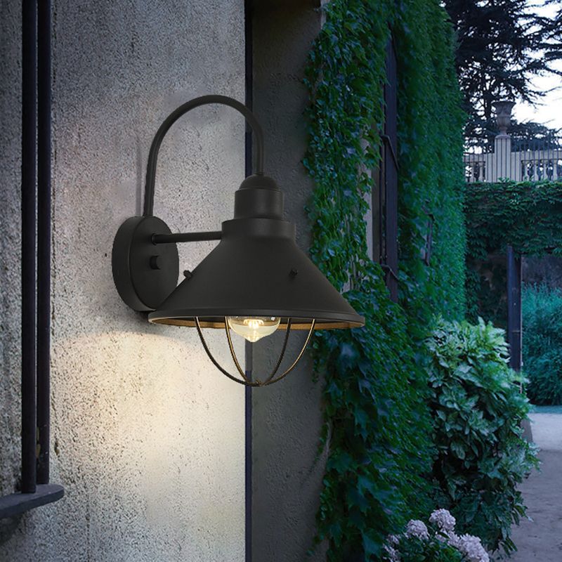 1 Bulb Wall Mounted Light Antique Conic Metallic Wall Lighting Fixture in Black for Lodge