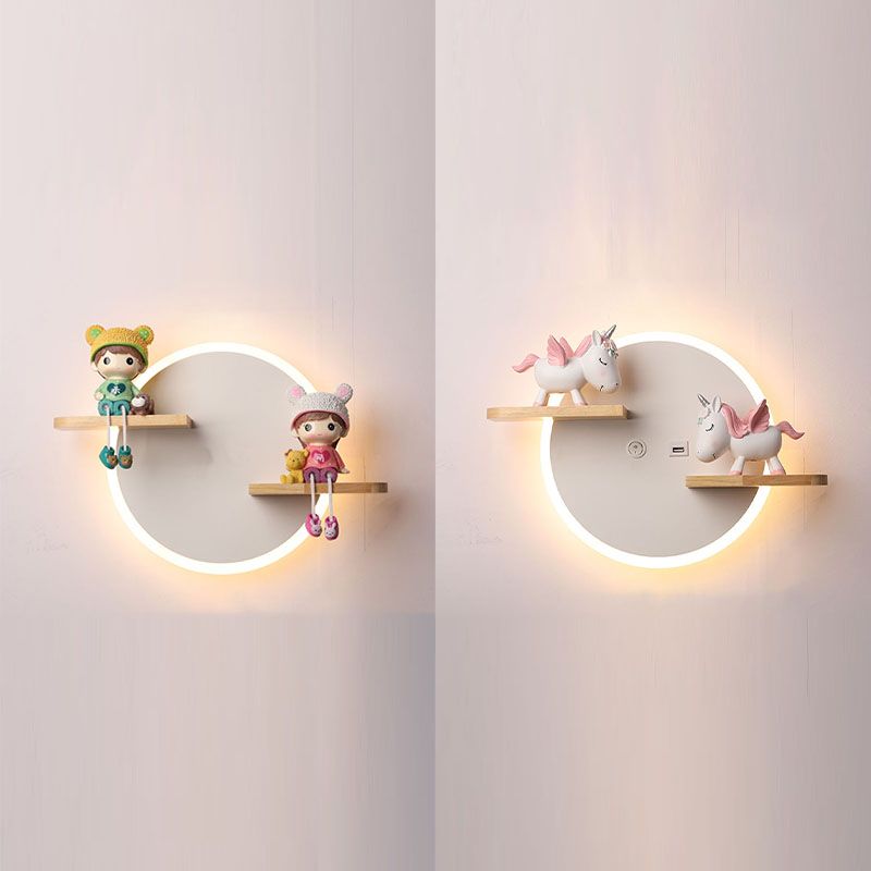 LED Circle Wall Sconce Nordic Wooden Kids Bedroom Wall Light with Shelf and Figurine