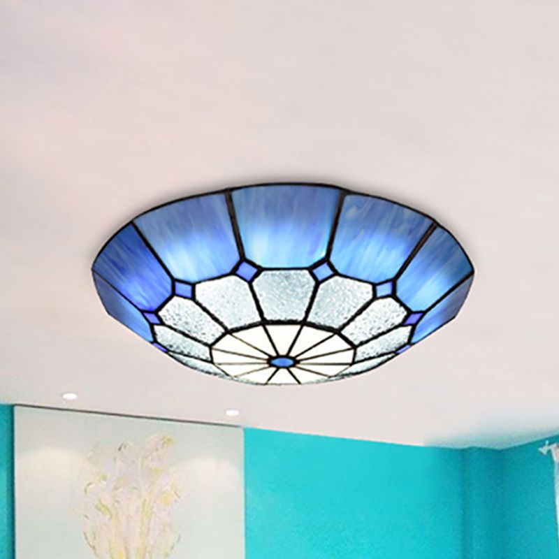 12"/16"/19.5" W Tiffany Blue/Light Blue Flush Ceiling Light with Bowl Shade Stained Glass Flushmount for Living Room