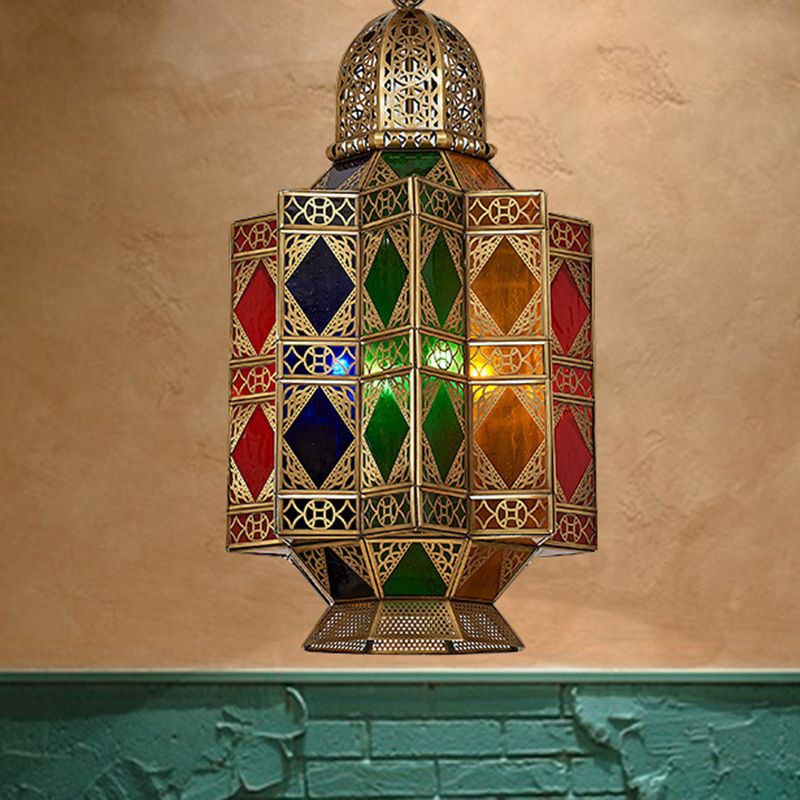 Lantern Stained Glass Hanging Light Fixture Art Deco 3 Bulbs Corridor Pendant Chandelier in Brass with Carved Design