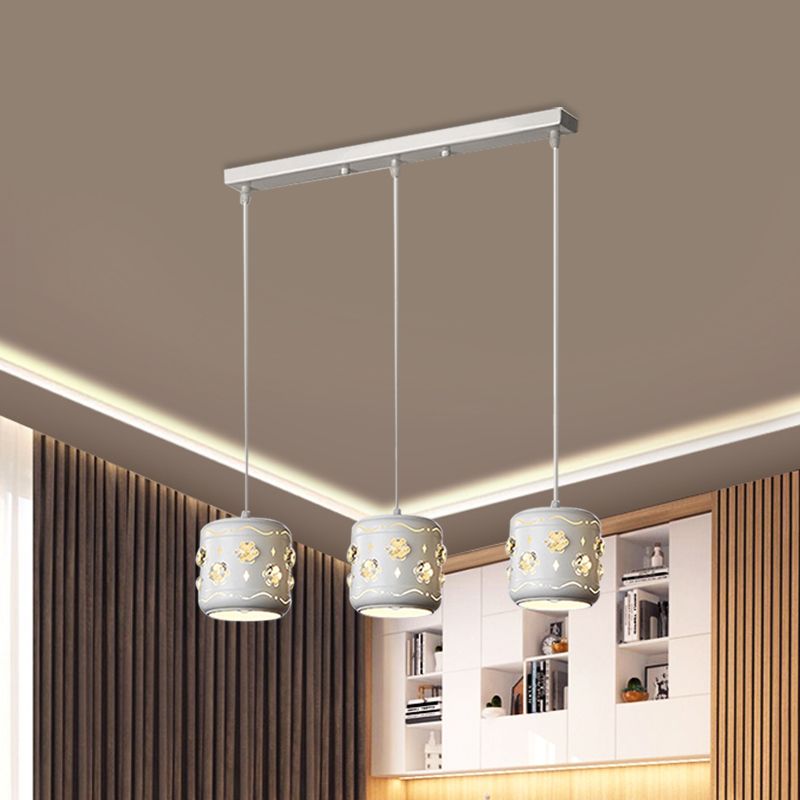 Flower Crystal Small Drum Cluster Pendant Modernism 3 Bulbs White Ceiling Suspension Light