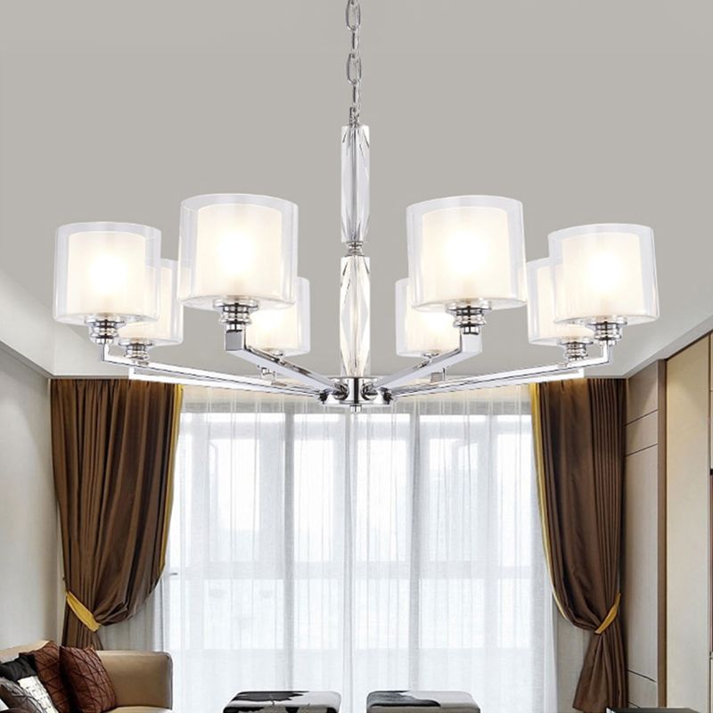 Chrome Metal Radial Pendant Light Modern Cylindrical Clear Glass Shade Bedroom Chandelier Lighting