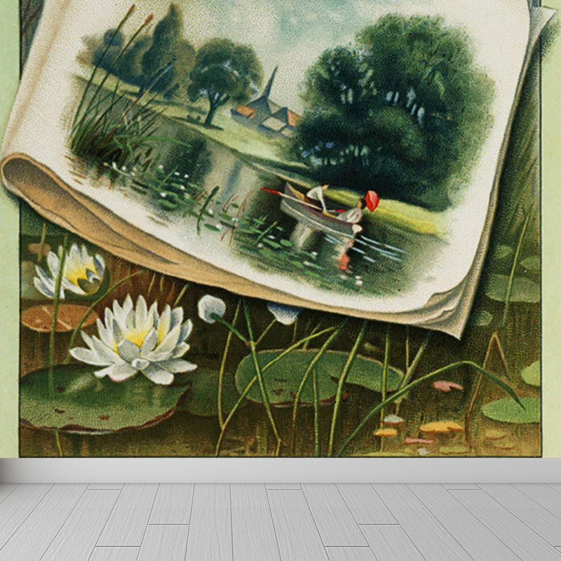 Green Lotus Flower Mural Wallpaper Florentine Modern Washable Wall Art for Playroom