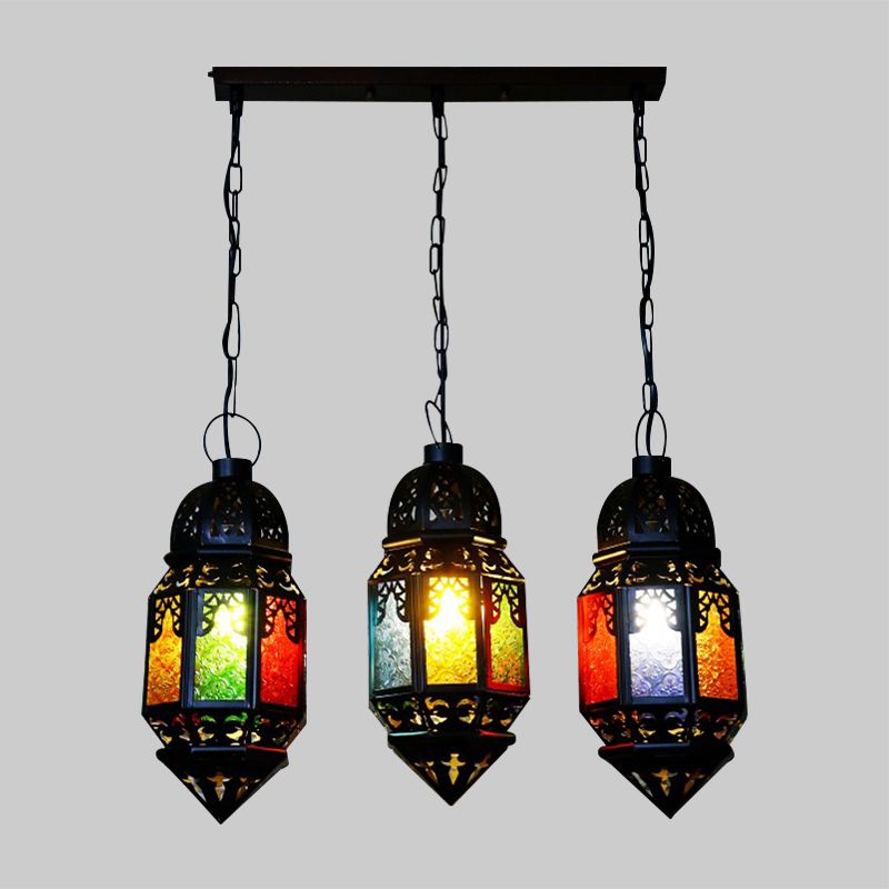 Black 3-Bulb Hanging Lighting Vintage Metallic Lantern Multi Pendant Lamp for Restaurant