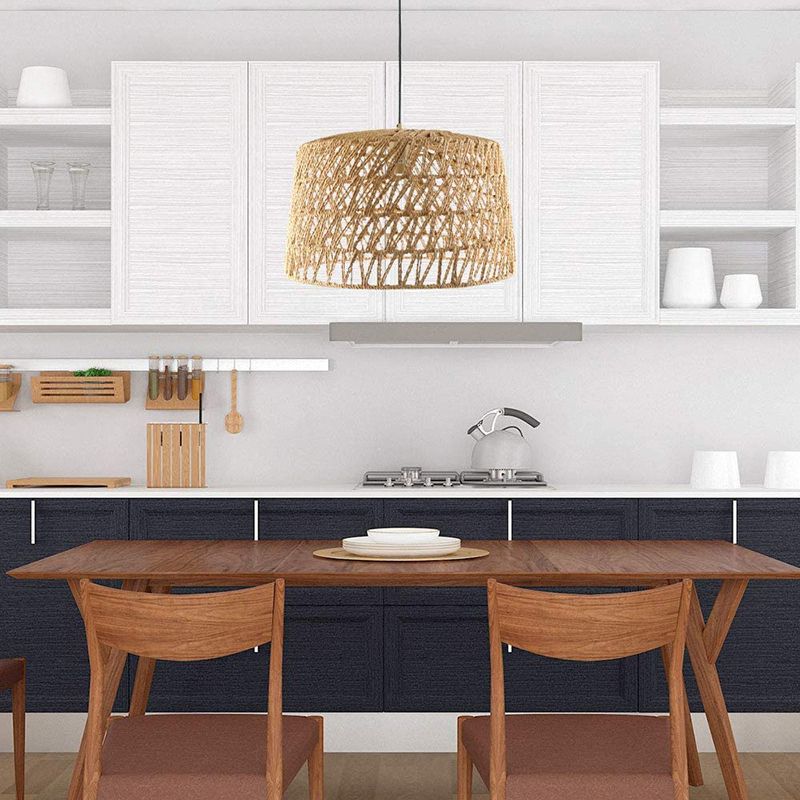 1-Light Hemp Rope Drum Hanging Light Hand Knitting Creative Bedroom Suspension Lamp in Beige