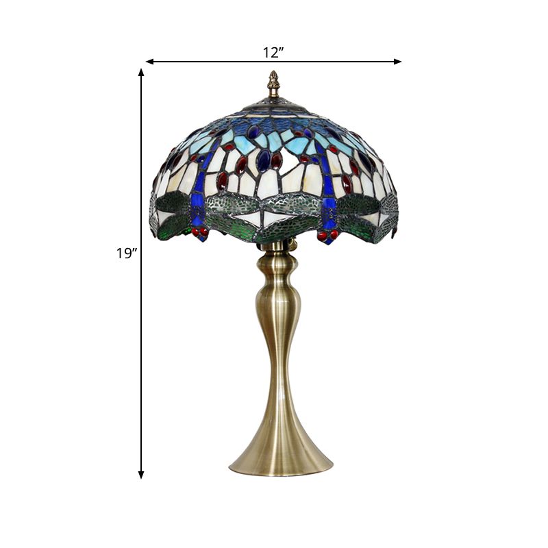 Lampada da comodino smerlata in vetro colorato mediterraneo con illuminazione da tavolo blu a 1 testa con perline