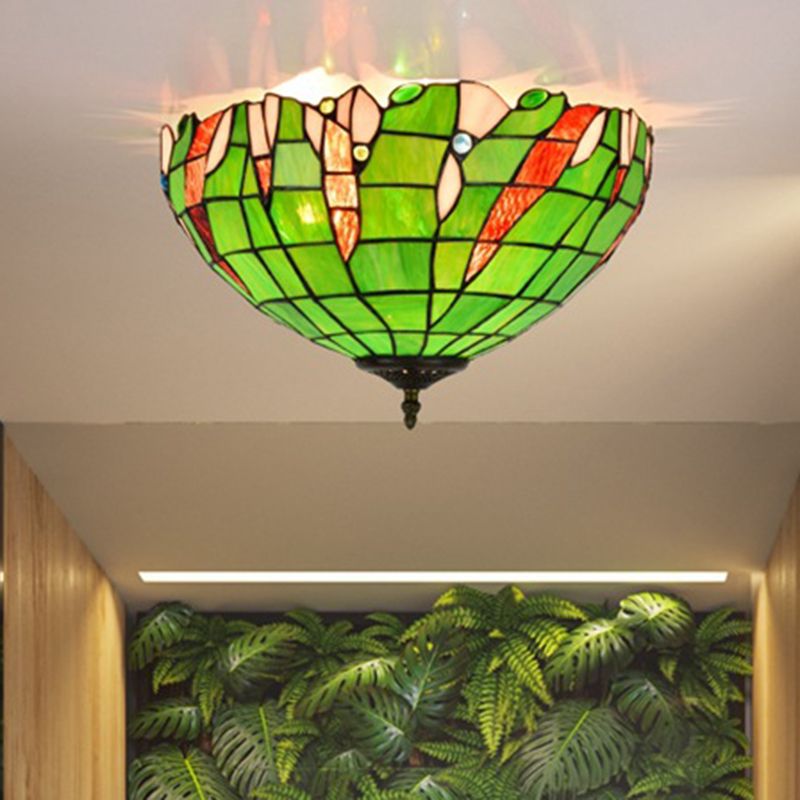 Cut Glass Domed Flush Mount Lighting Fixture Baroque 3 Lights Green Flush Light for Corridor