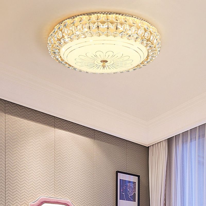 Lámpara empotrada de techo redonda LED de vidrio esmerilado contemporánea con cristal K9 en dorado, 12"/16" de ancho