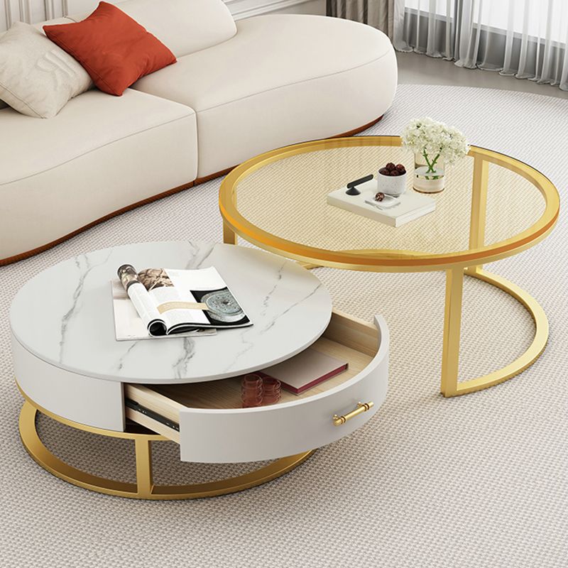 Gold Glass Top Coffee Table Set Frame Cocktail Table with Drawers