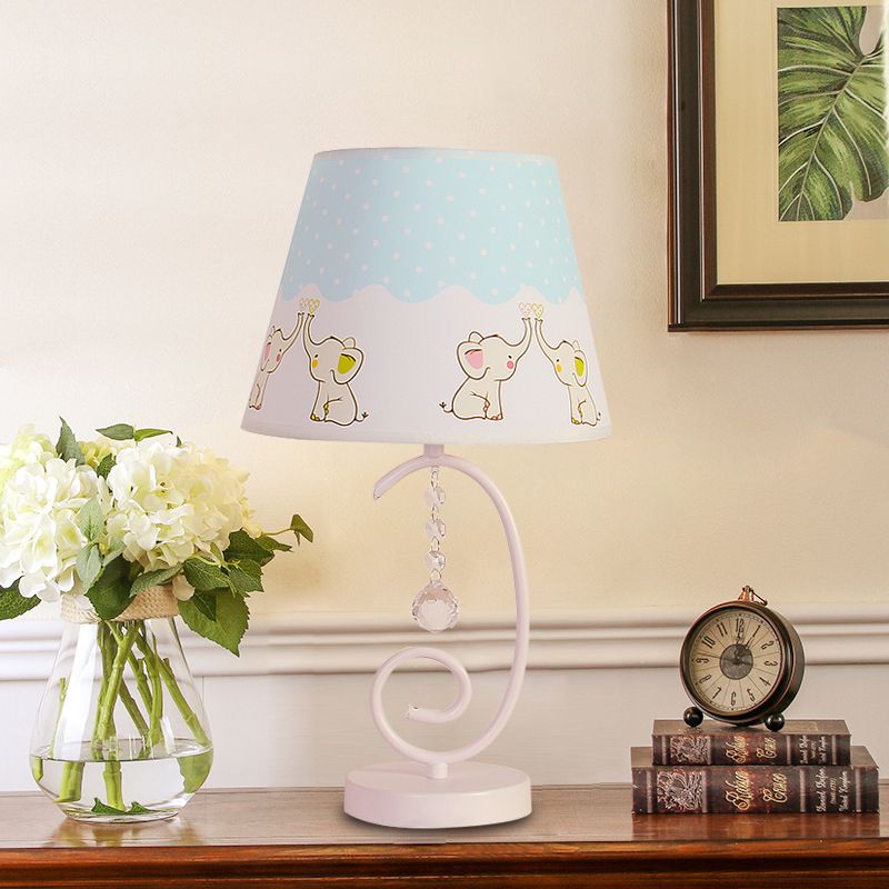 Barrel Bedroom Table Light Fabric 1 Bulb Cartoon Night Lamp in White with Crystal Drop and Sheep/Loving Heart/Elephant Pattern