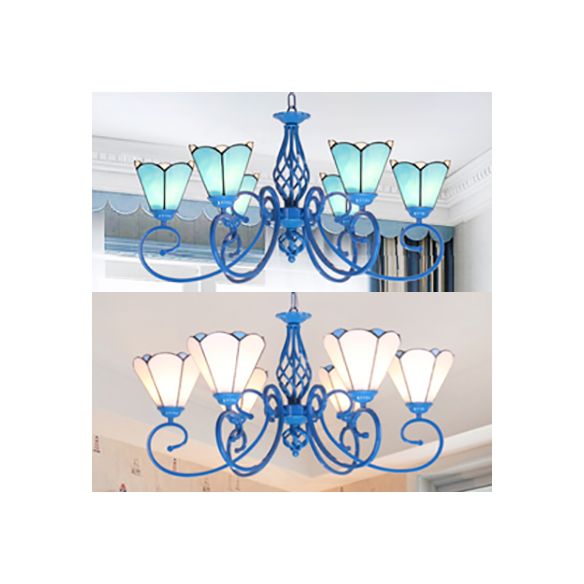 Gebrandschilderd glazen kegelhangend plafondlicht met blauw gebogen arm Tiffany 6 lichten die kroonluchter hangen in wit/blauw