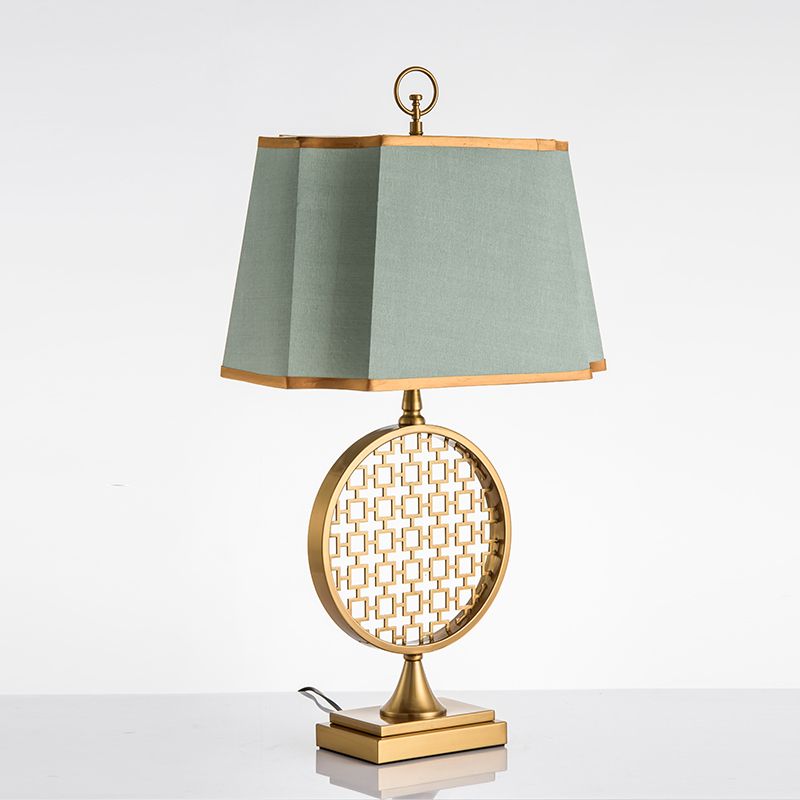 Chinese Style 1 Head Night Light Gold Drum Shape LED Desk Lamp with Green Fabric Shade