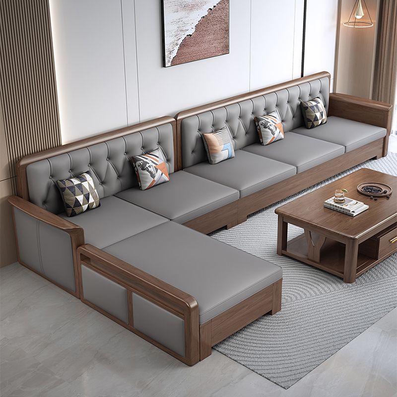 Modern Solid Wood Faux Leather Square Arm Sofa with Tufted Back