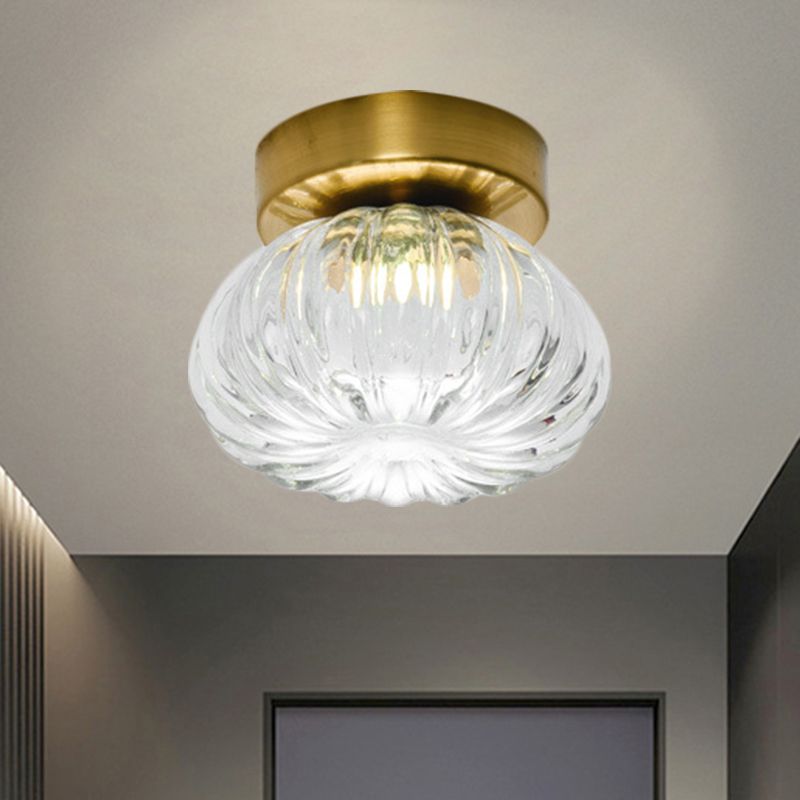 Plafonnier LED à tête unique en verre nervuré transparent/ambre à montage sphéroïde moderniste, 5,5"/11" de largeur