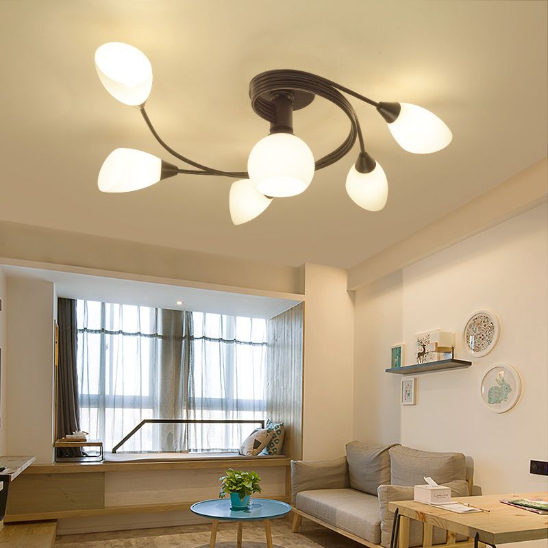 Black Radial Semi Flush Mount in Traditional Retro Style Wrought Iron Ceiling Light with Glass Shade