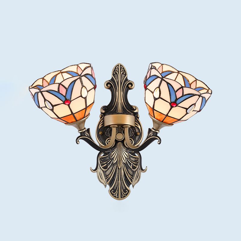 2 Lights Wall Mounted Light Mediterranean Dome/Flower Stained Art Glass Sconce in Red/Pink/Orange for Bedroom