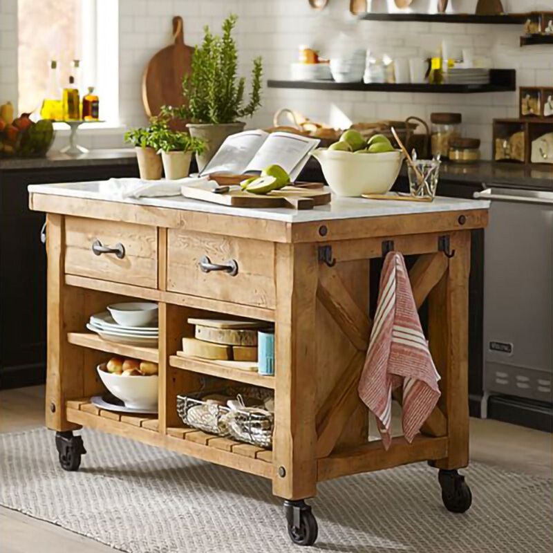 Modern Kitchen Island Table Dining Room Wooden Base Prep Table with Casters