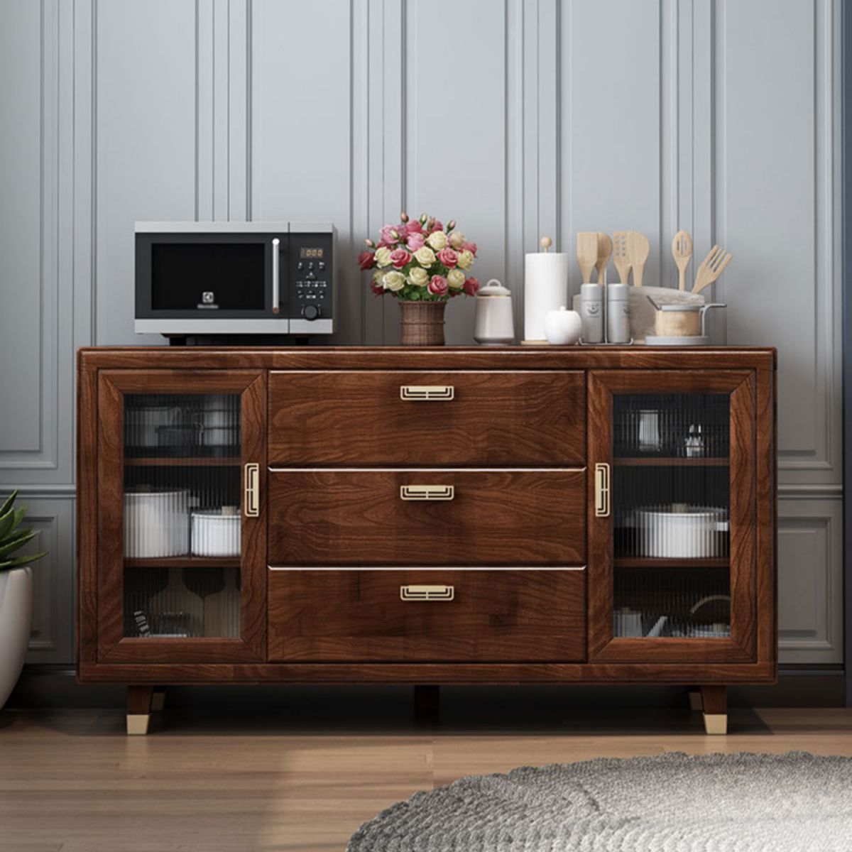 Modern Rubberwood Solid Wood Sideboard 34.5" H Brown Credenza for Dining Room