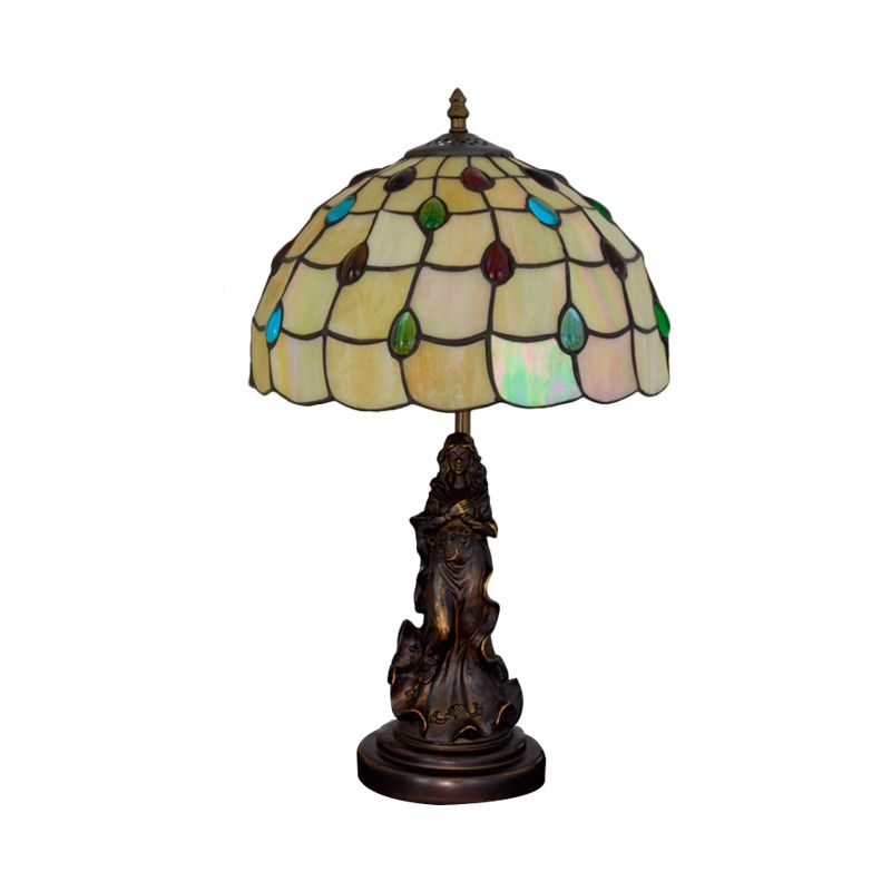 Cabochons-Embellished Grid Night Light 1-Light White/Beige Glass Tiffany Tischlampe mit Engel Dekor