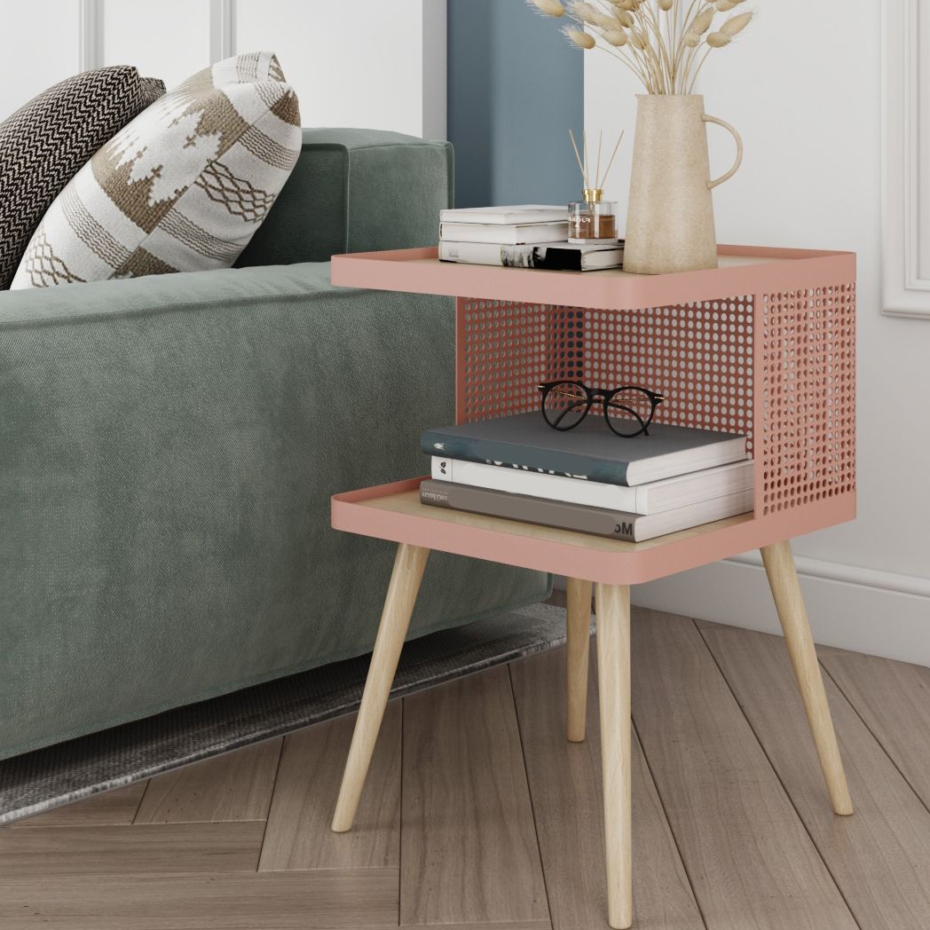 20" H Accent Table Nightstand Pearl Wood and Metal Night Table Lower Shelf