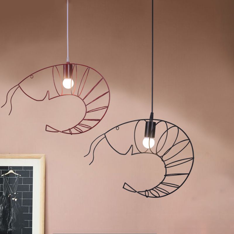 1 Light Metal Hanging Lamp Retro Stylish Black/Red/White Shrimp Dining Room Pendant Light with Wire Guard