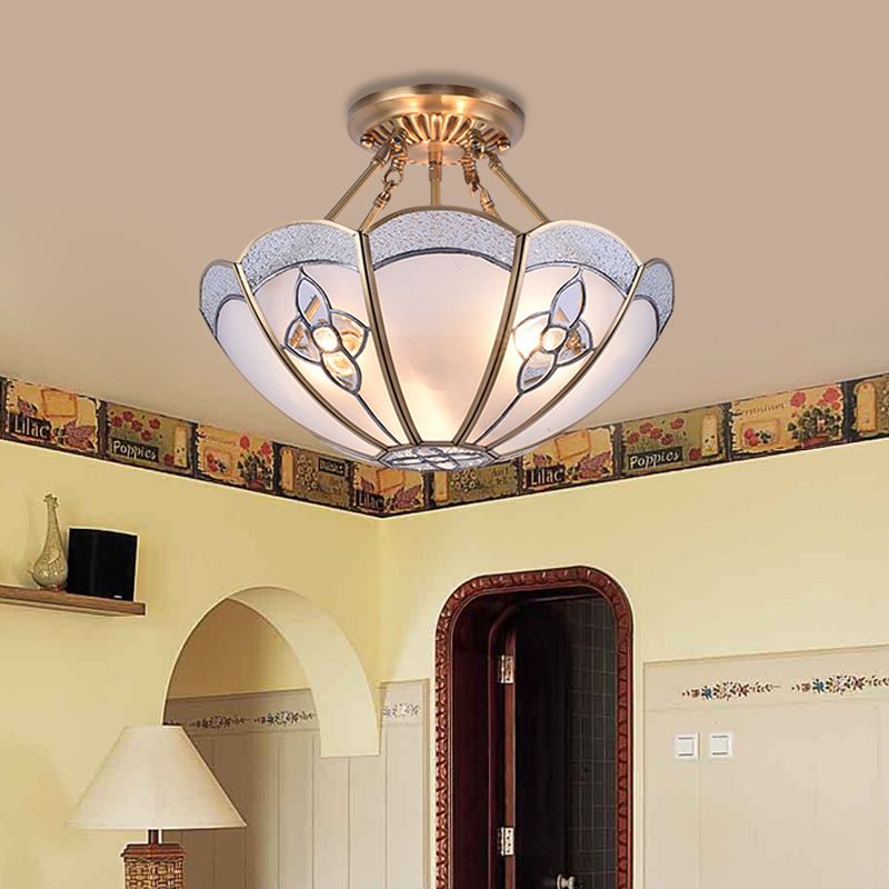 Scalloped Bedroom Semi Flush Mount Antique Metal 4 Bulbs Brass Ceiling Lighting with Curved Frosted Glass Shade