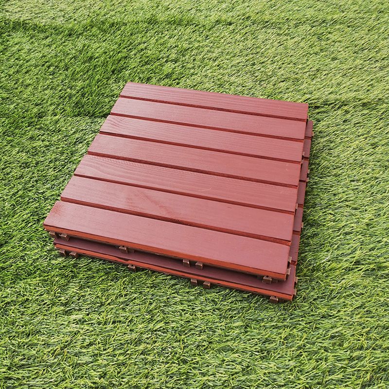 Red 6-Slat Square Wood Patio Tiles Snap Fit Installation Floor Board Tiles