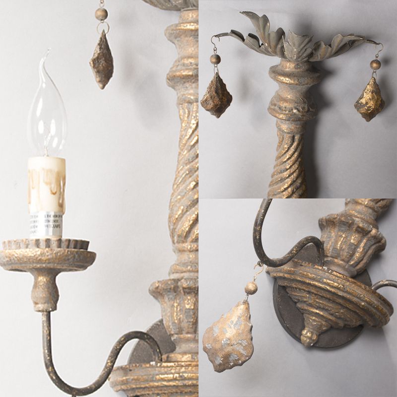 2 lichten wandlicht met kaarsenvorm en houten druppel rustieke gang wand sconce licht in grijs