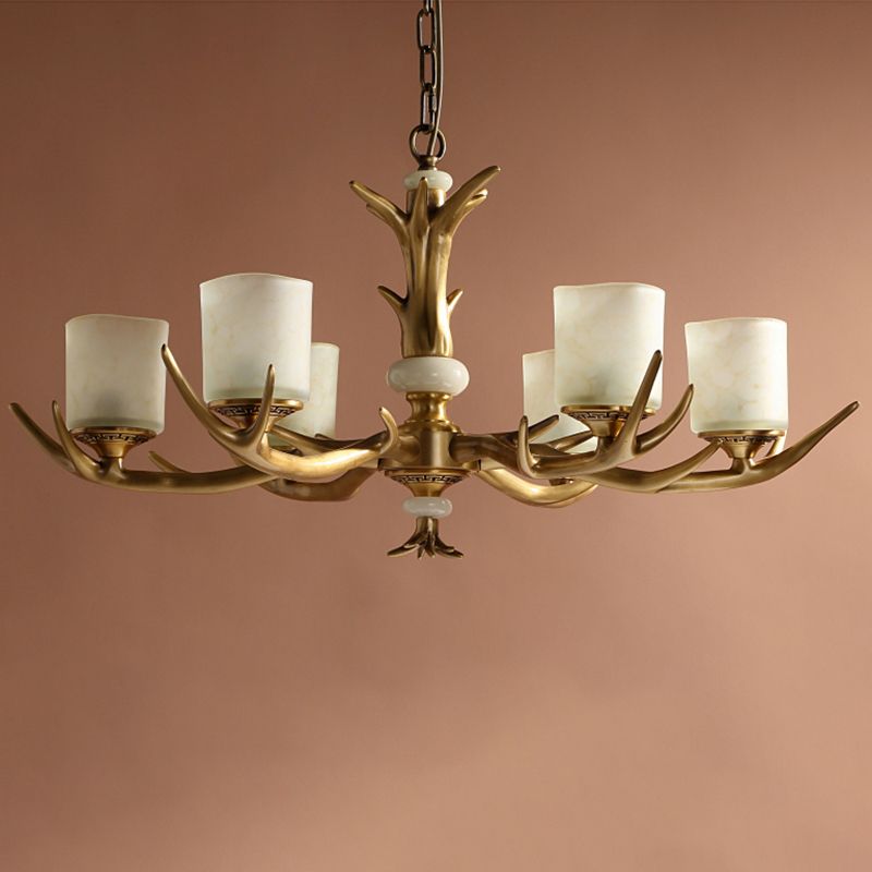 Multi-Head Chandelier Light Fixtures Rustic Antler Chandelier Pendant Lamp with White Glass Shade