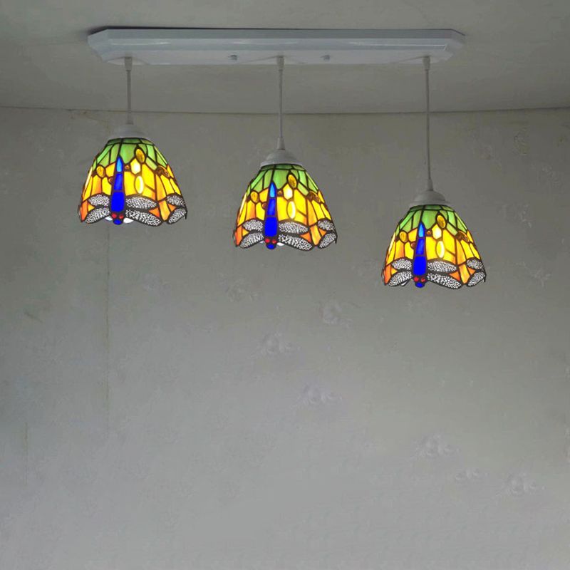 Cut Glass Drop Lamp Dome 3 Bulbs Mediterranean Pendant Lighting Fixture with Dragonfly Pattern