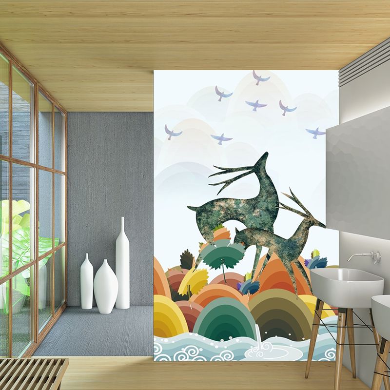 Art Deco Deer Mural Wallpaper for Living Room Customized Wall Covering in Blue-Orange-Yellow