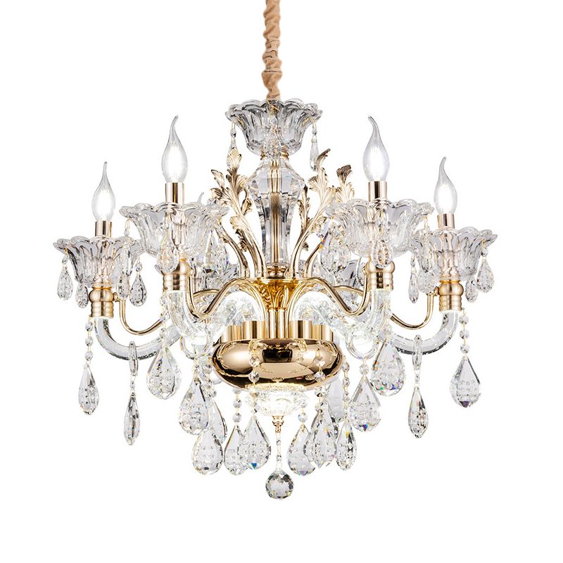Clear Crystal Teardrop Chandelier Light Classic 6/8-Light Bedroom Hanging Pendant in Gold with Twisted Arm