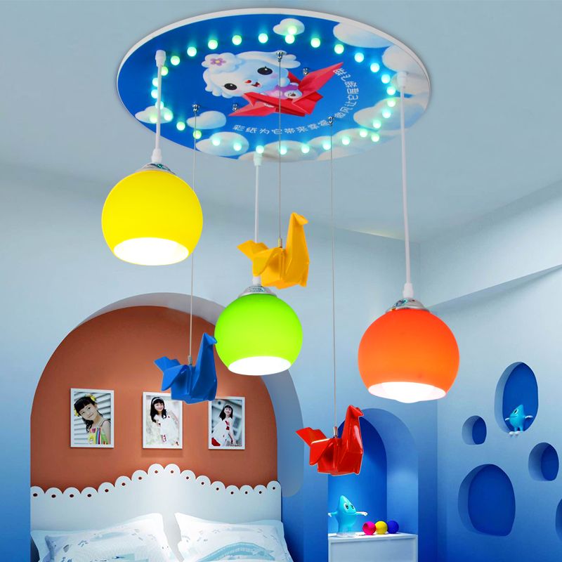 Cartoon Style Domed Pendant Lighting Yellow and Green Glass 3 Light Bedroom Hanging Lamp with Round Canopy in Blue