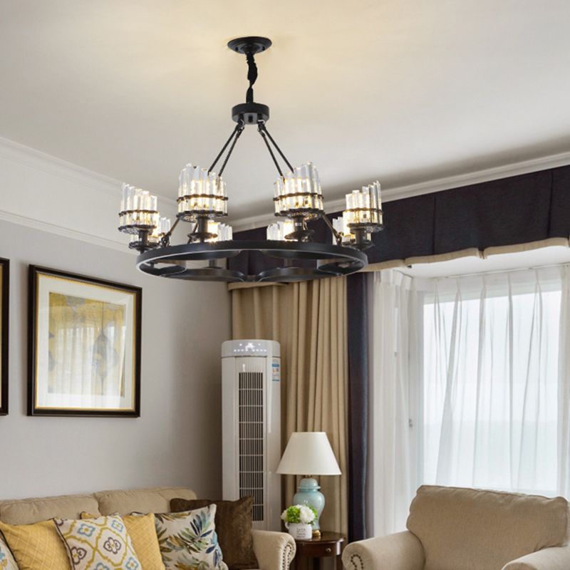Kreisförmige Kristallstangen Kronleuchter Vintage Wohnzimmer Hanging Anhängerlampe in Schwarz
