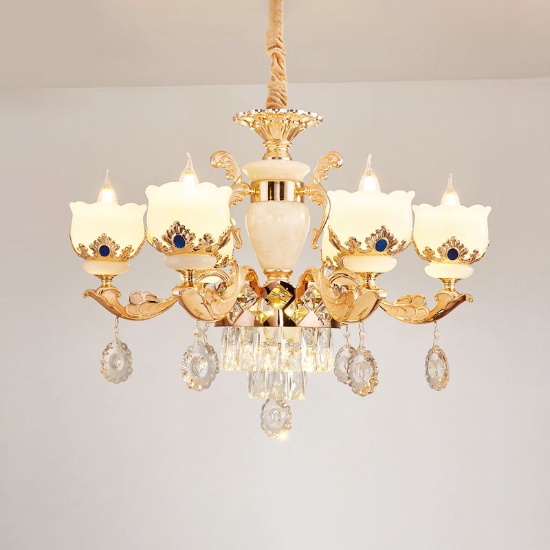 Cream Glass Gold Chandelier Pendant Light Floral Vintage Hanging Light with Hanging Crystal