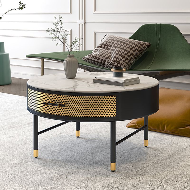 Glam 17.7" H Round Slate Coffee Table Iron 4 Legs Cocktail Table with Drawer