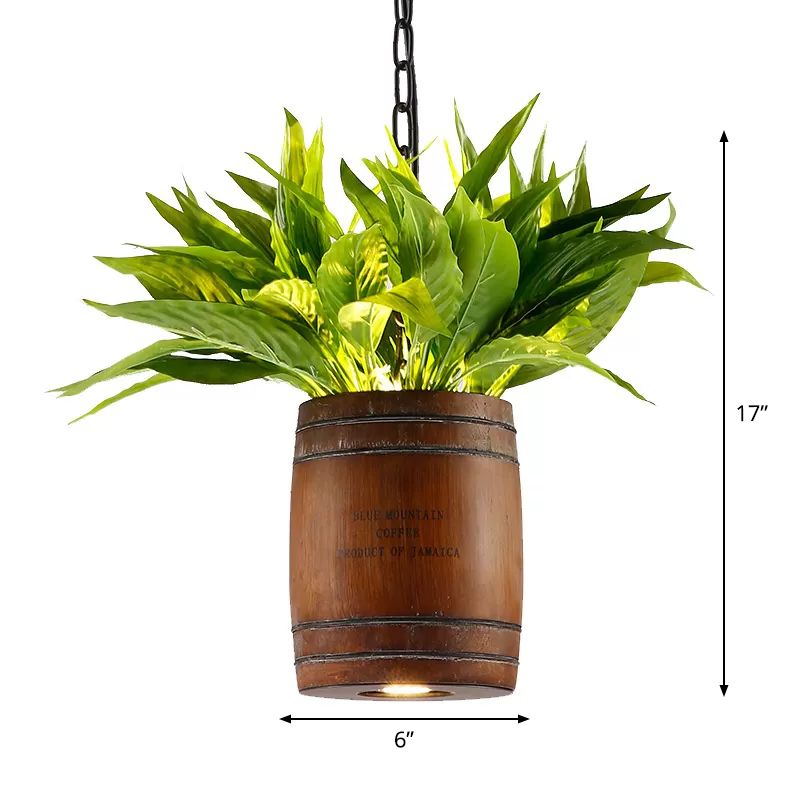 Bucket Wood Pendant Light Fixture Industrial 1 Head Dining Room Ceiling Lamp in Coffee with Plant Deco
