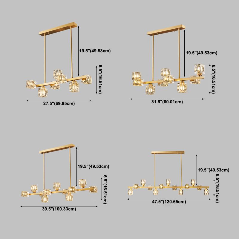 Contemporary Island Light Fixture Crystal Cube Island Lights in Gold for Kitchen