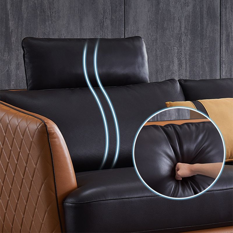 Mid Century Genuine Leather Sectionals Loose Back Sectional & Chaise in Brown