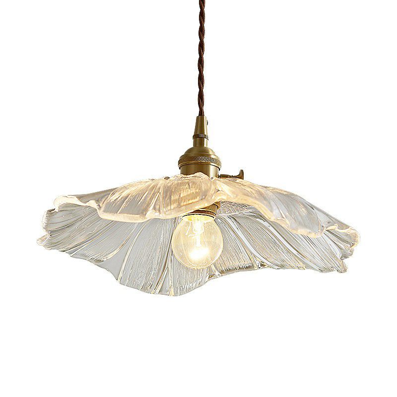 Antique Floral Pendant Light 1-Light Ruffle Glass Hanging Light Fixture for Restaurant