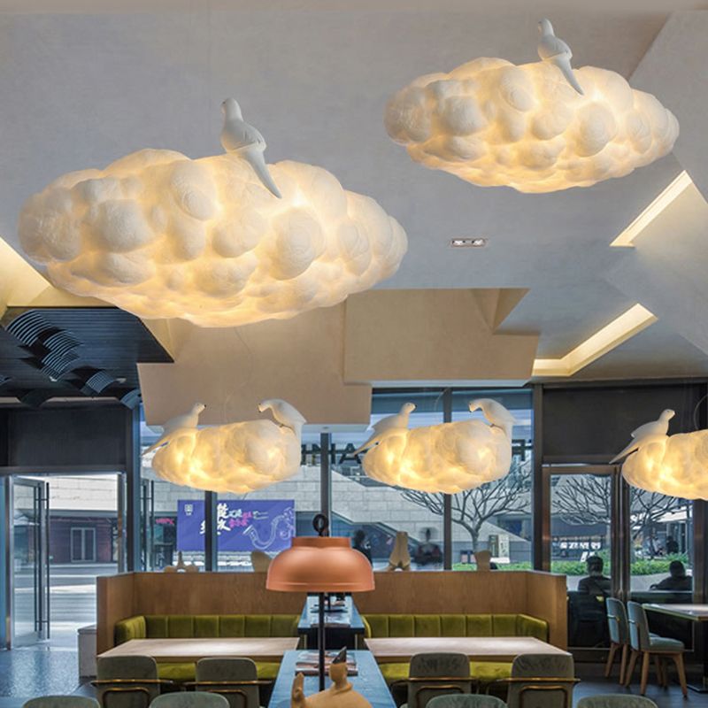 Floating Cloud Kindergarten Chandelier with Bird Cotton Contemporary Hanging Light in White