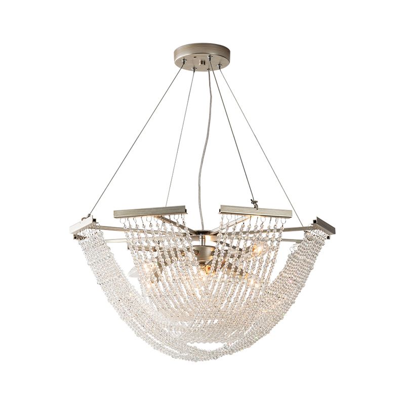 Crystal Strand Bowl Chandelier Light Traditional Living Room Hanging Pendant in Silver