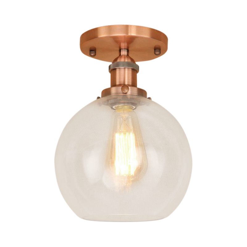 Plafonnier sphérique semi-affleurant industriel en verre transparent, une lumière, noir/laiton/cuivre, pour balcon